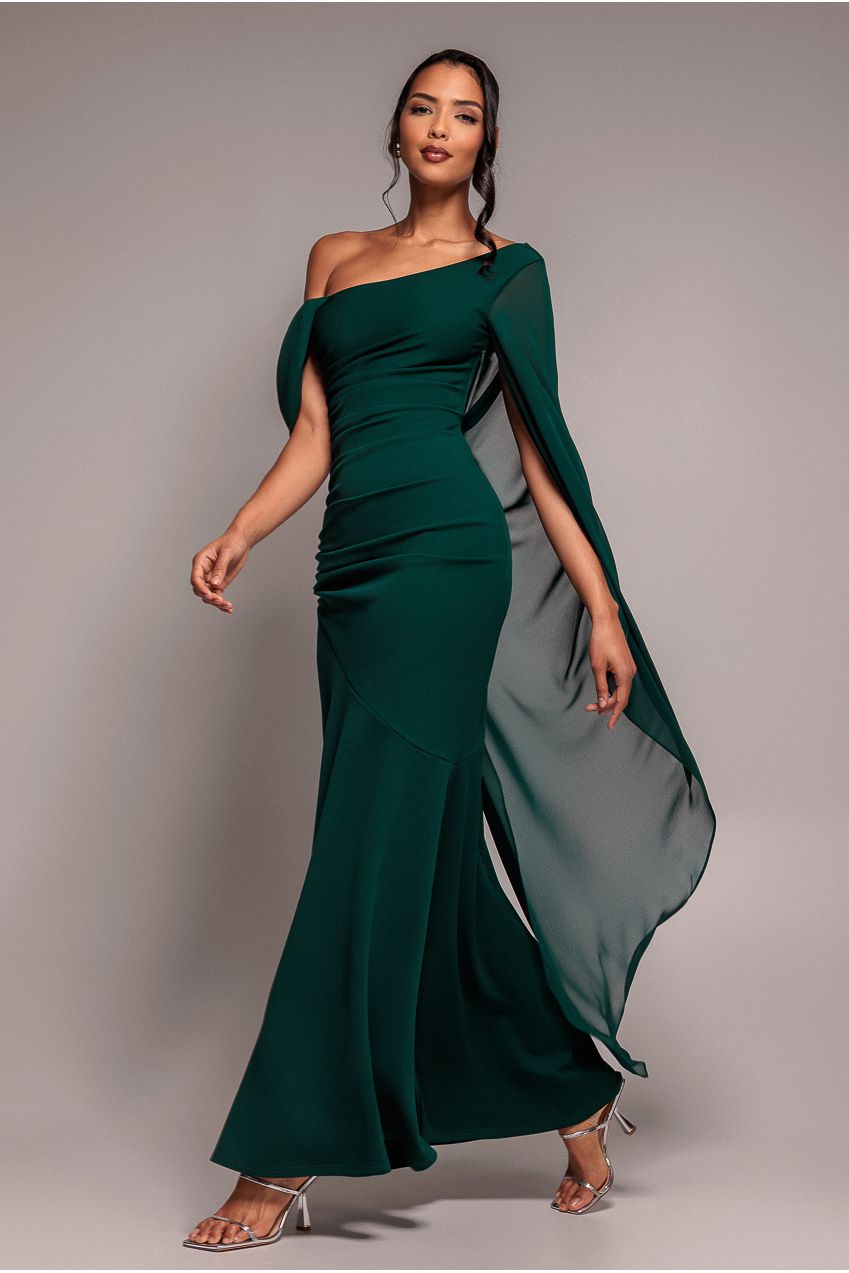 Goddiva One Shoulder Cape Scuba & Chiffon Maxi Dress - Emerald Green
