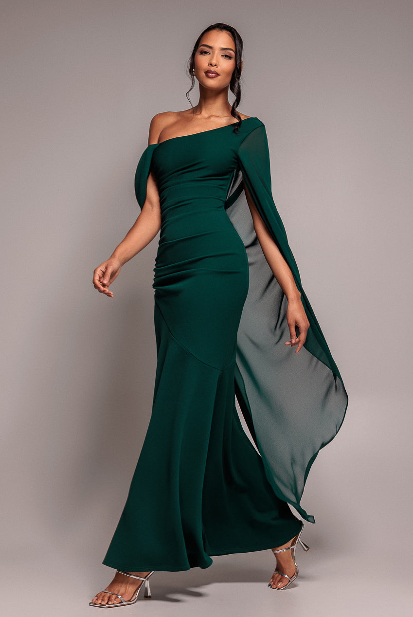 Goddiva One Shoulder Cape Scuba & Chiffon Maxi Dress - Emerald Green