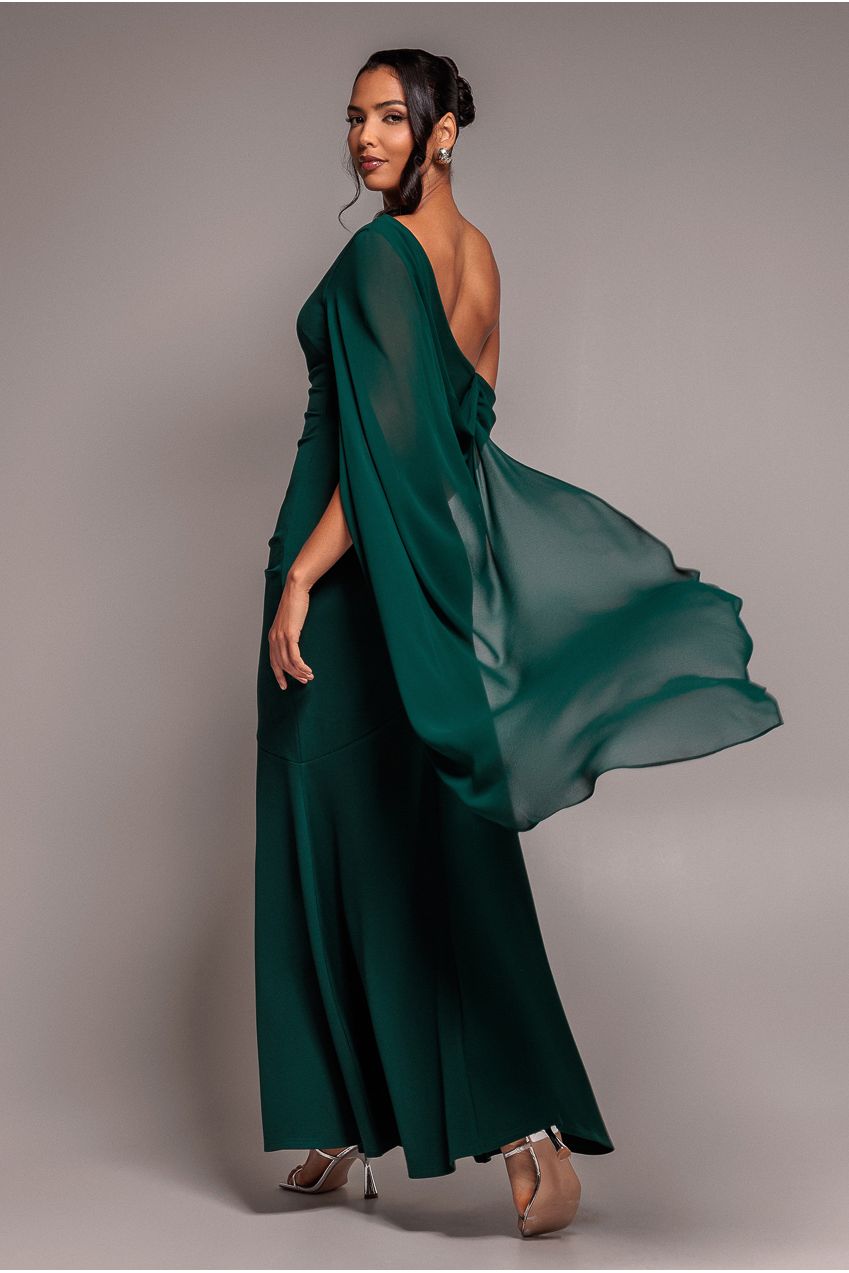 Goddiva One Shoulder Cape Scuba & Chiffon Maxi Dress - Emerald Green
