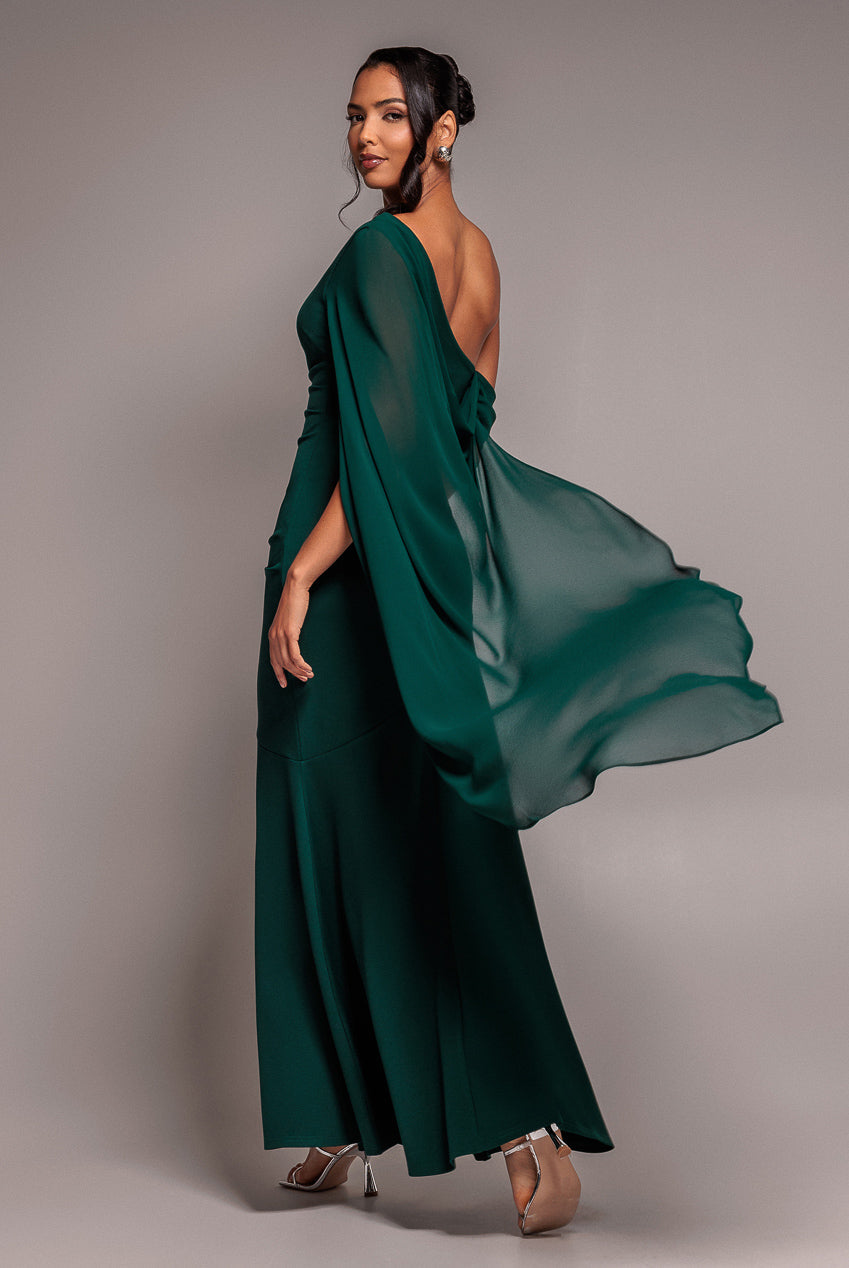 Goddiva One Shoulder Cape Scuba & Chiffon Maxi Dress - Emerald Green