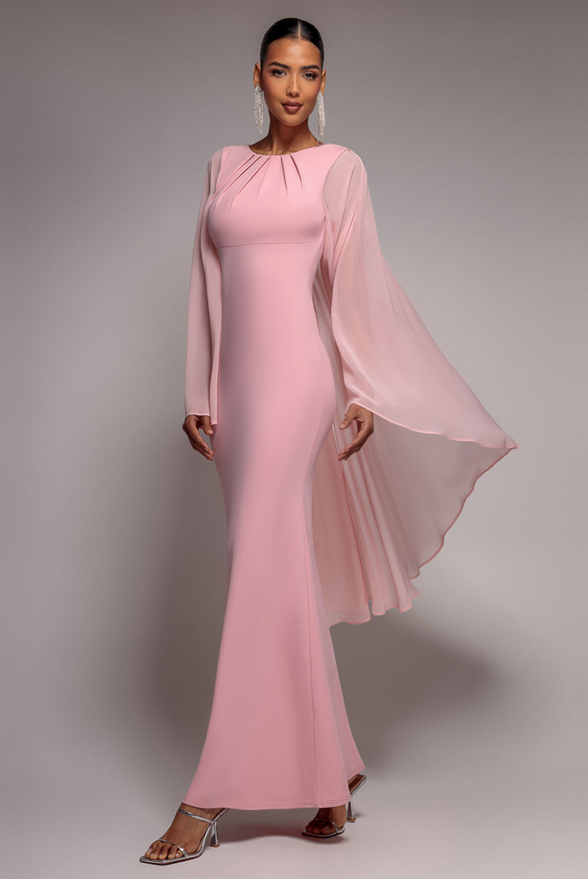 Goddiva Cape Sleeve Chiffon And Scuba Crepe Maxi Dress - Blush Pink