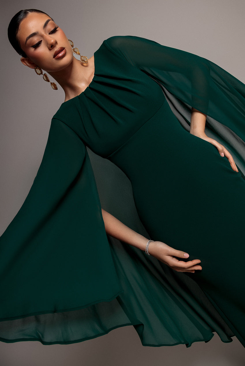 Goddiva Cape Sleeve Chiffon And Scuba Crepe Maxi Dress - Emerald Green