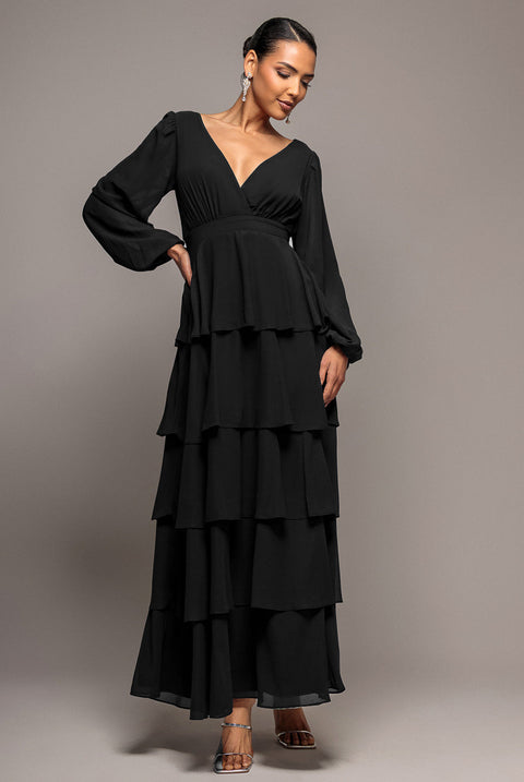 Goddiva Tiered Chiffon Wrap Maxi Dress - Black
