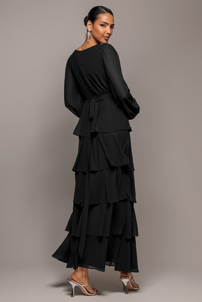 Goddiva Tiered Chiffon Wrap Maxi Dress - Black