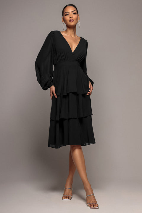Goddiva Tiered Chiffon Wrap Midi Dress - Black