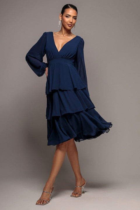 Goddiva Tiered Chiffon Wrap Midi Dress - Navy Blue