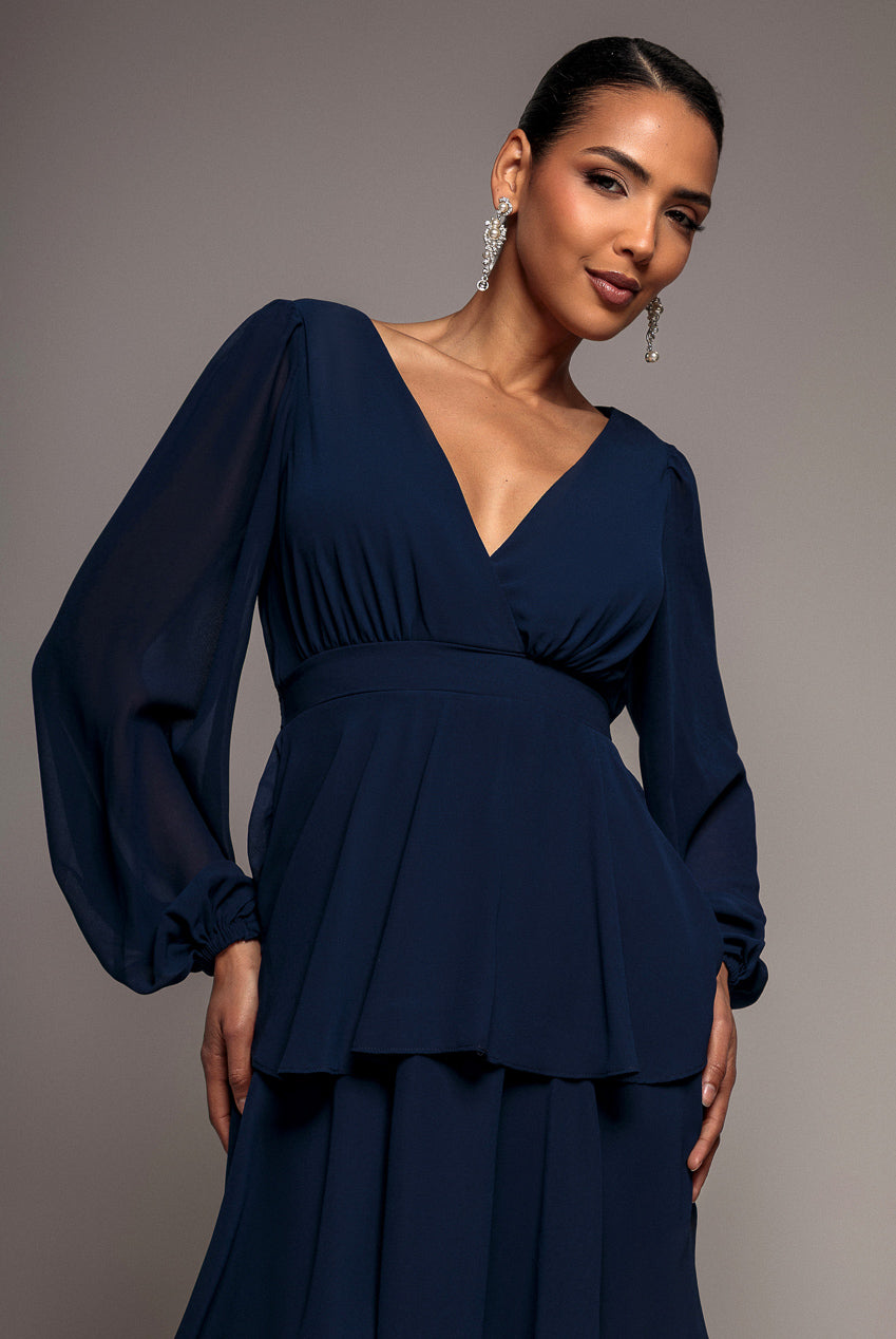 Goddiva Tiered Chiffon Wrap Midi Dress - Navy Blue