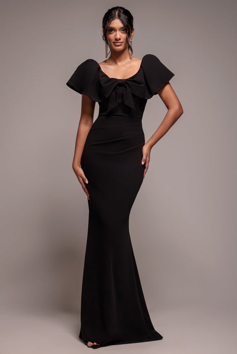 Goddiva Cape Sleeve Detail Front Tie Maxi Dress - Black