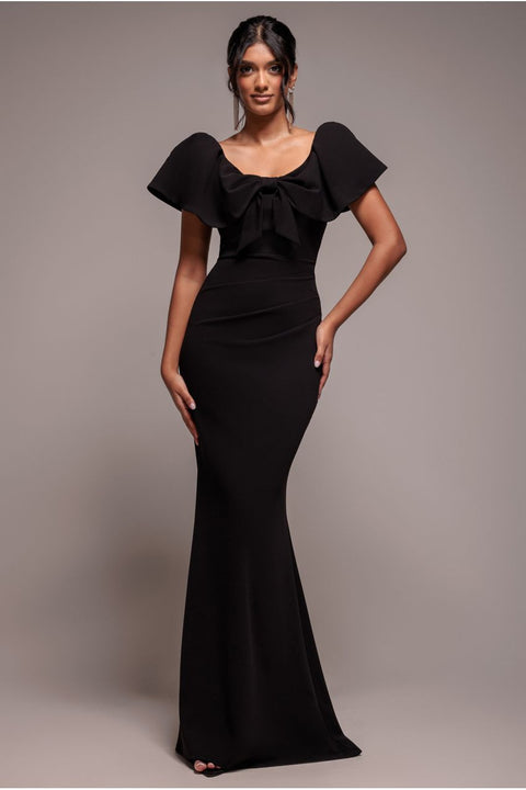 Goddiva Cape Sleeve Detail Front Tie Maxi Dress - Black