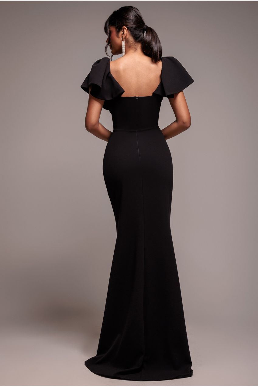 Goddiva Cape Sleeve Detail Front Tie Maxi Dress - Black