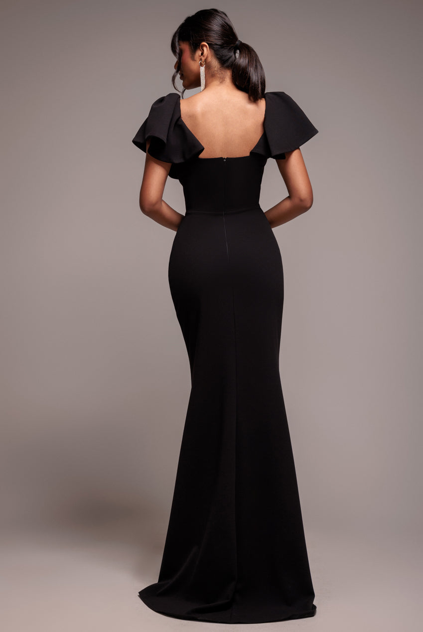 Goddiva Cape Sleeve Detail Front Tie Maxi Dress - Black