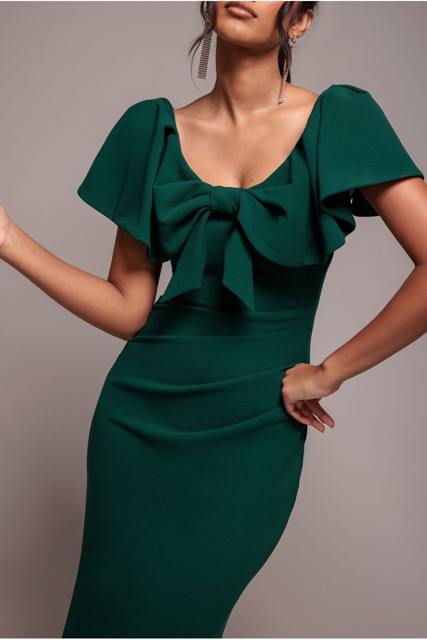 Goddiva Cape Sleeve Detail Front Tie Maxi Dress - Emerald Green
