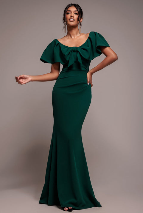 Goddiva Cape Sleeve Detail Front Tie Maxi Dress - Emerald Green