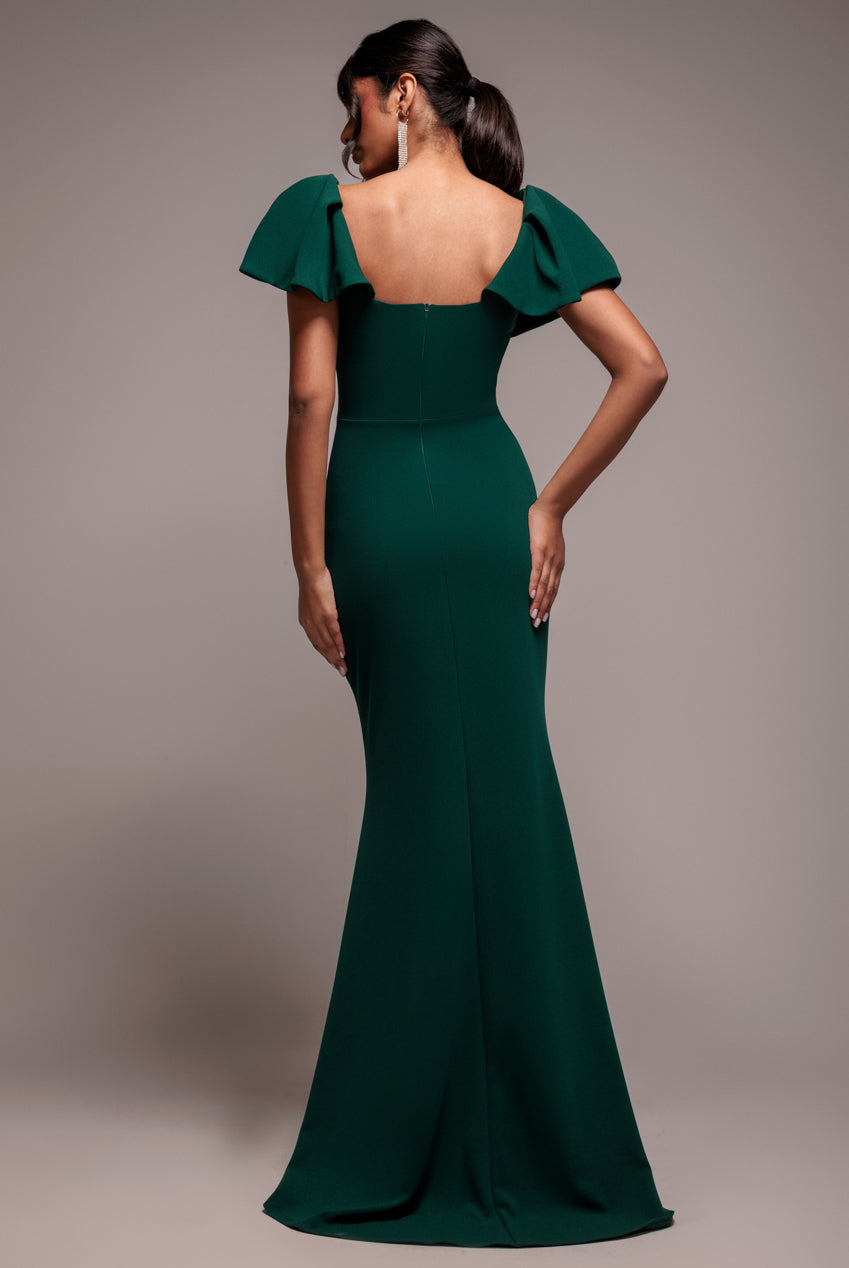 Goddiva Cape Sleeve Detail Front Tie Maxi Dress - Emerald Green