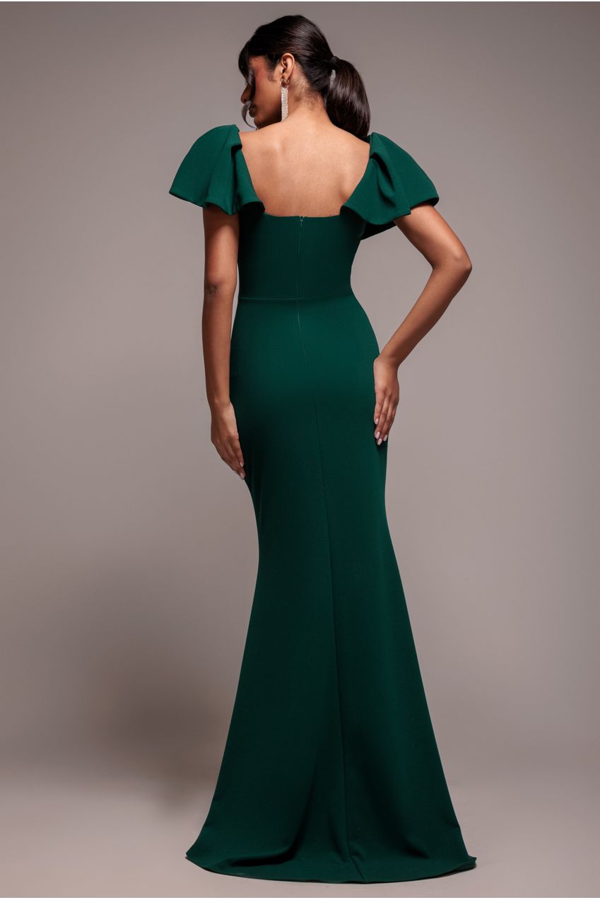 Goddiva Cape Sleeve Detail Front Tie Maxi Dress - Emerald Green