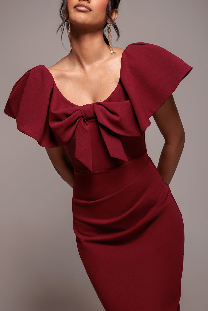 Goddiva Cape Sleeve Detail Front Tie Maxi Dress - Wine