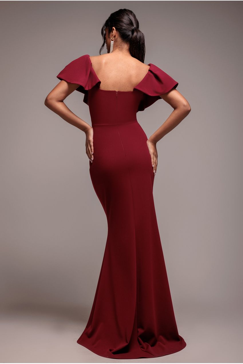 Goddiva Cape Sleeve Detail Front Tie Maxi Dress - Wine