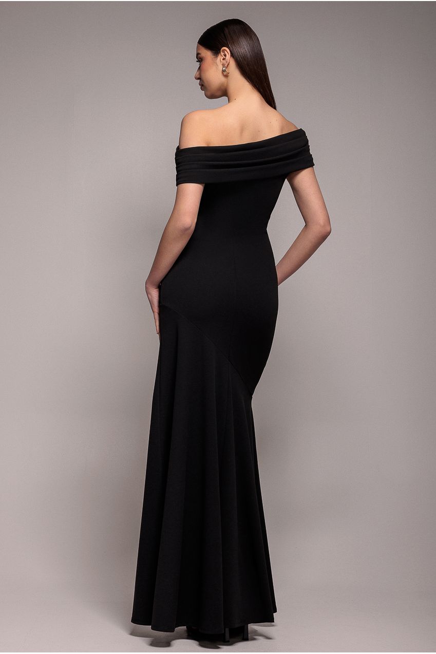 Goddiva Pleated One Shoulder Bardot Fit And Flare Maxi Dress - Black