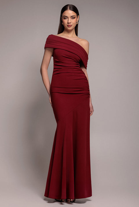 Goddiva Pleated One Shoulder Bardot Fit And Flare Maxi Dress - Burgundy