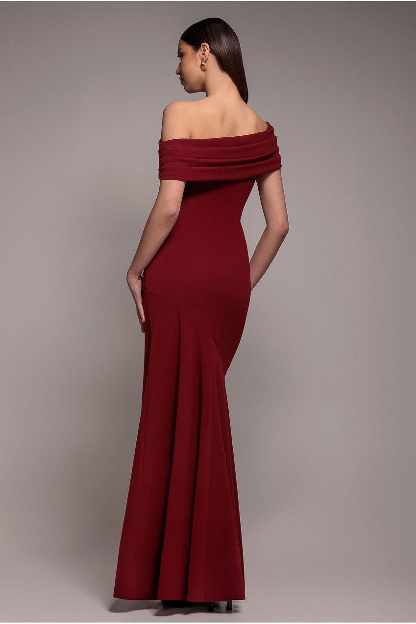Goddiva Pleated One Shoulder Bardot Fit And Flare Maxi Dress - Burgundy