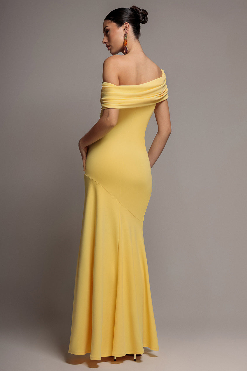 Goddiva Pleated One Shoulder Bardot Fit And Flare Maxi Dress - Butter Yellow
