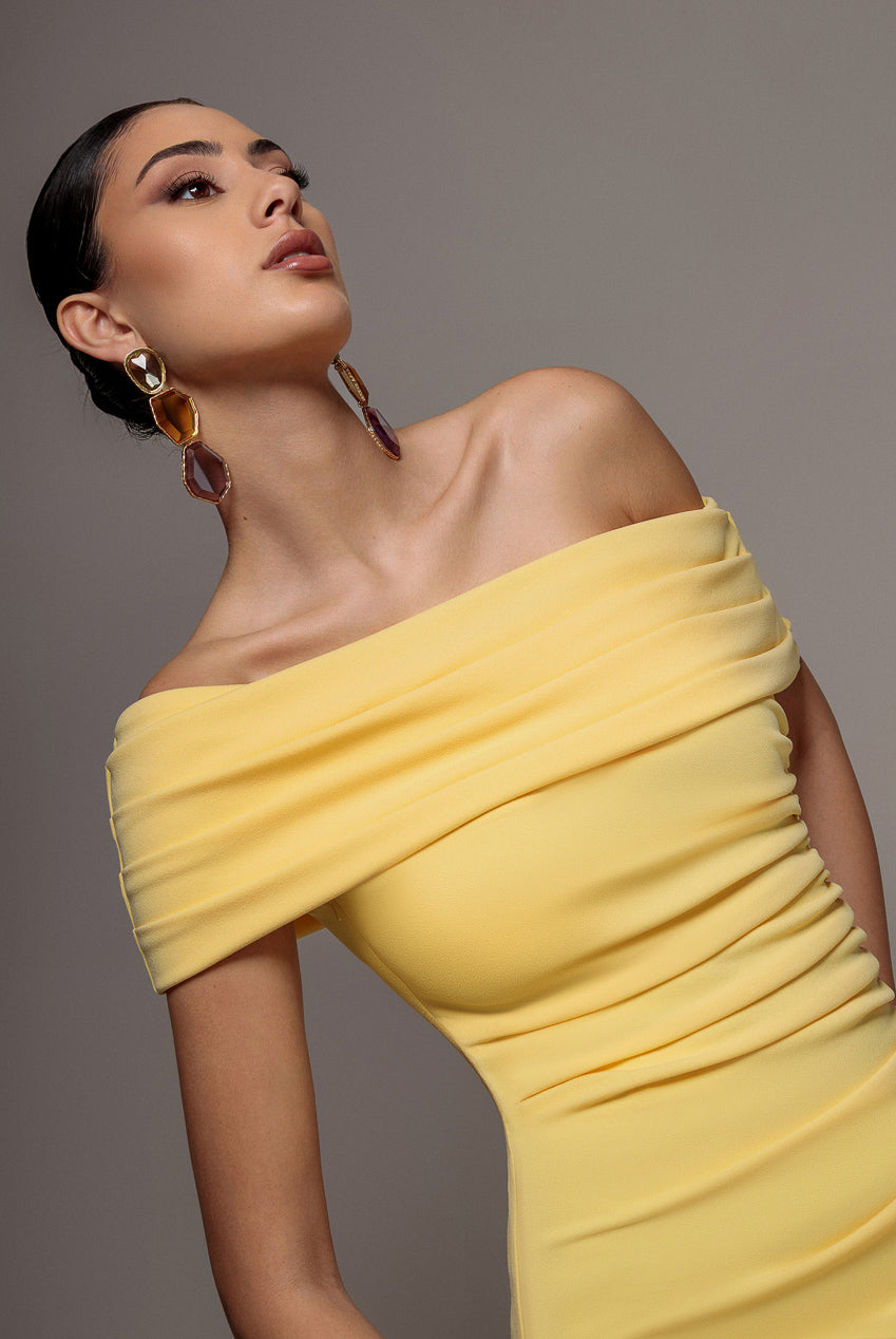 Goddiva Pleated One Shoulder Bardot Fit And Flare Maxi Dress - Butter Yellow