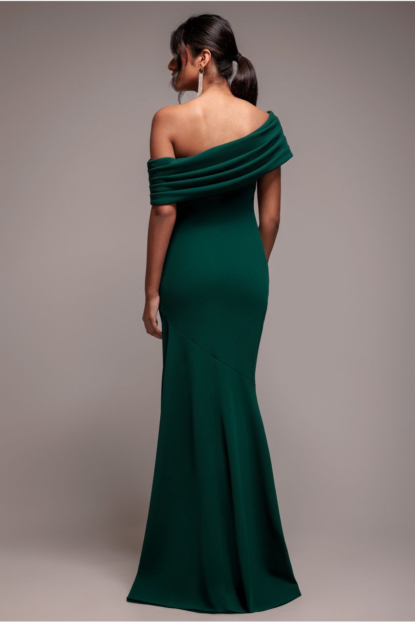 Goddiva Pleated One Shoulder Bardot Fit And Flare Maxi Dress - Emerald Green