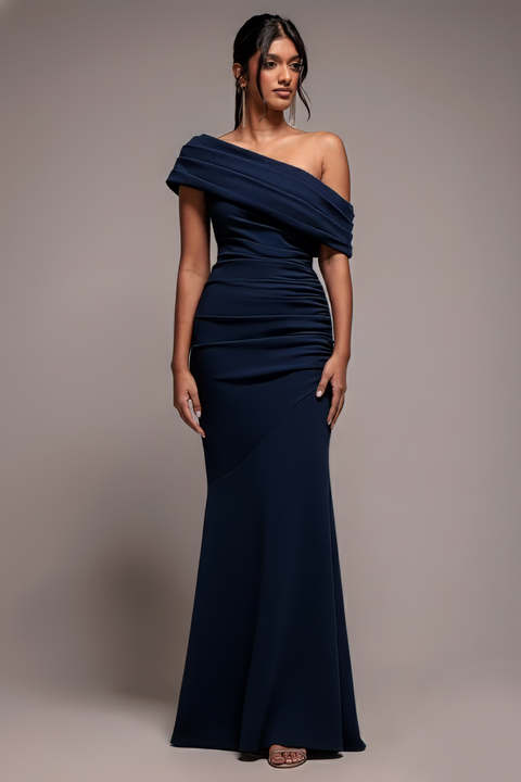 Goddiva Pleated One Shoulder Bardot Fit And Flare Maxi Dress - Navy Blue