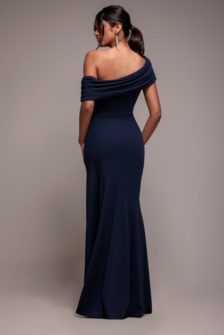 Goddiva Pleated One Shoulder Bardot Fit And Flare Maxi Dress - Navy Blue