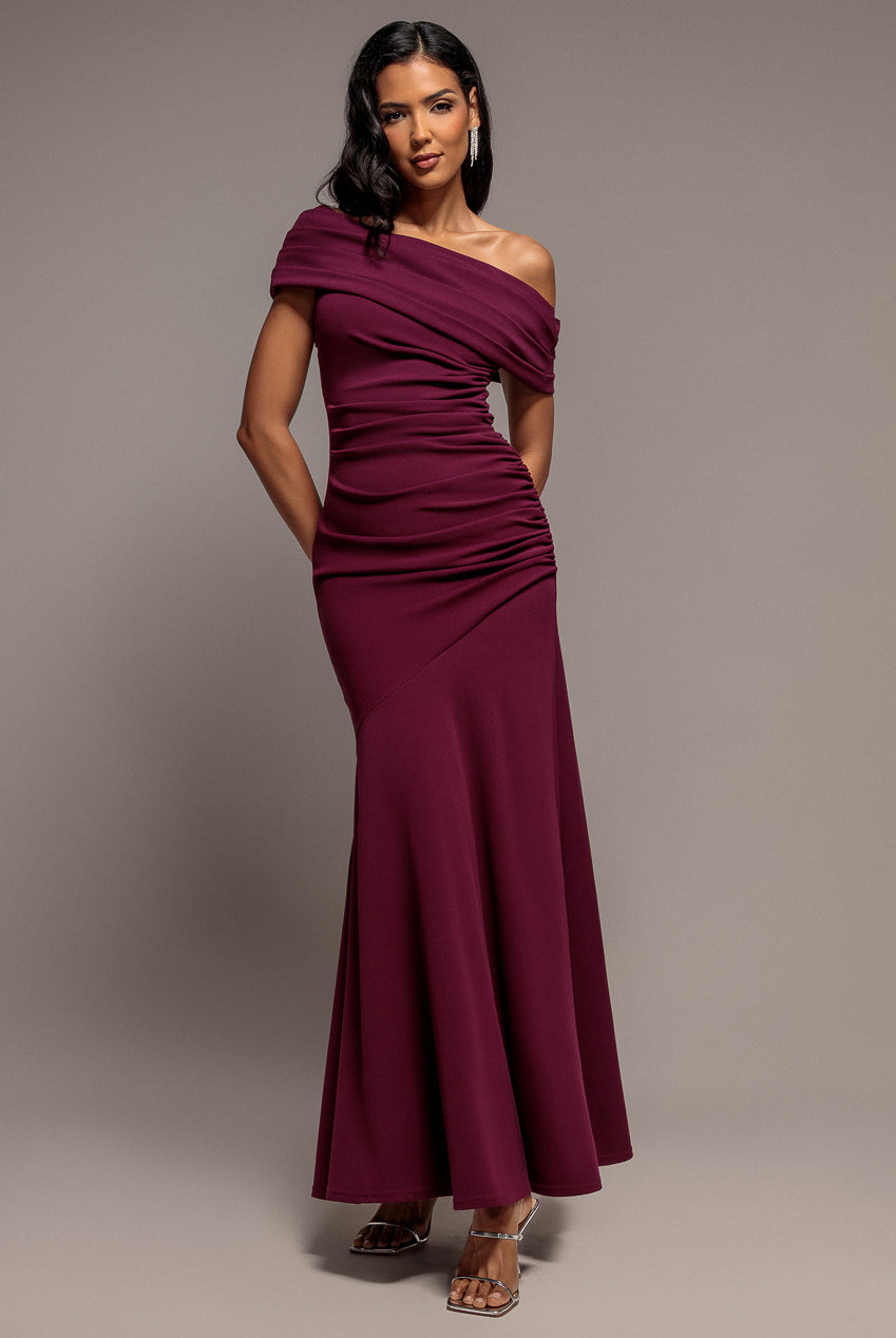 Goddiva Pleated One Shoulder Bardot Fit And Flare Maxi Dress - Plum