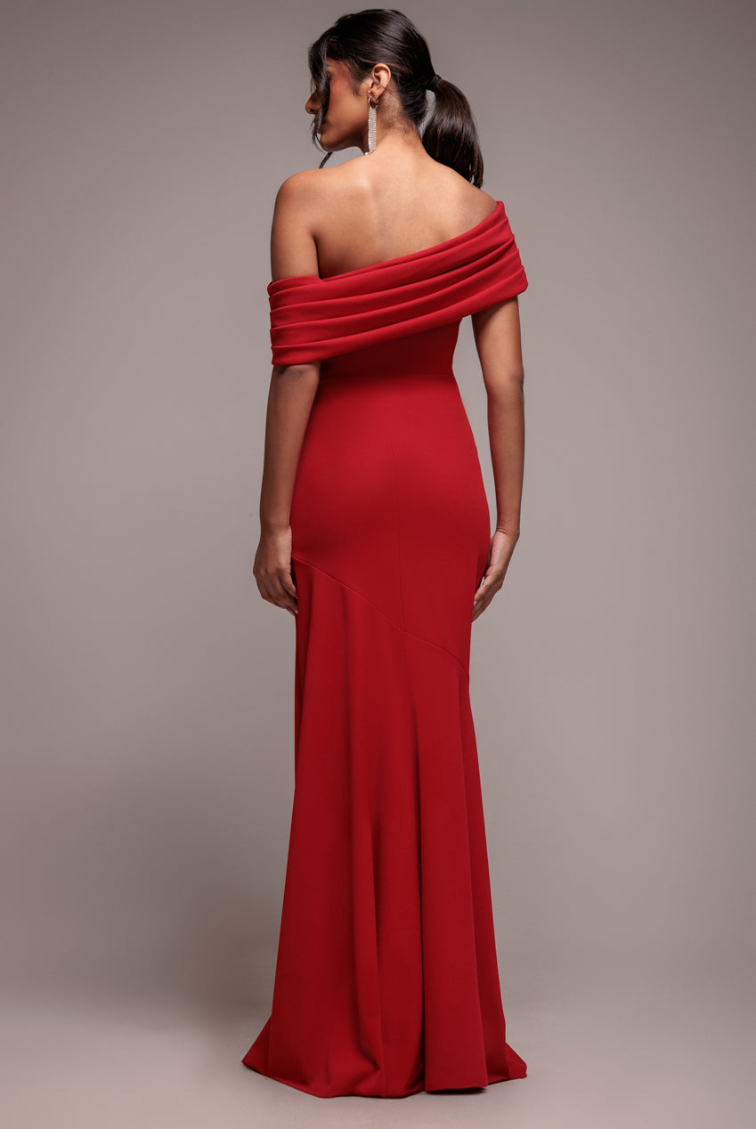 Goddiva Pleated One Shoulder Bardot Fit And Flare Maxi Dress - Red