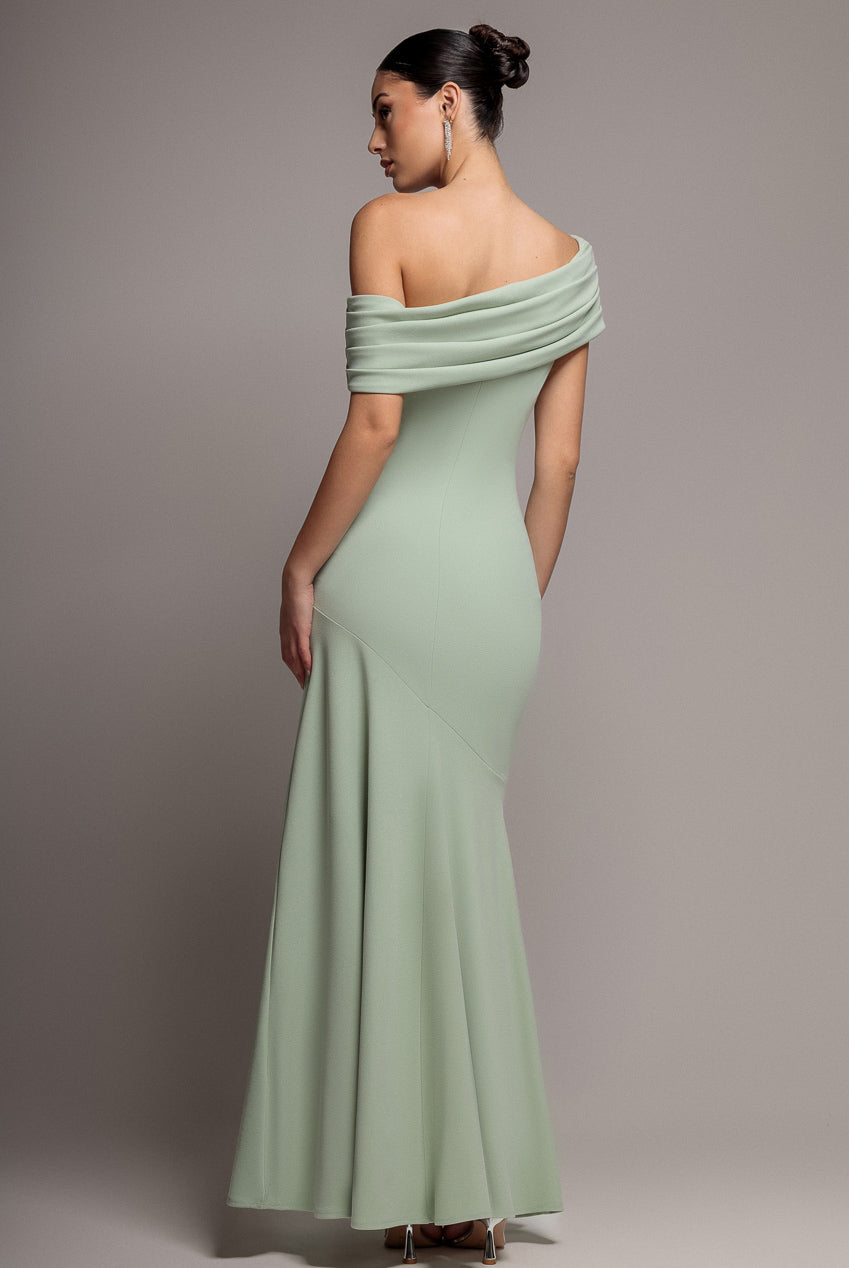 Goddiva Pleated One Shoulder Bardot Fit And Flare Maxi Dress - Sage Green