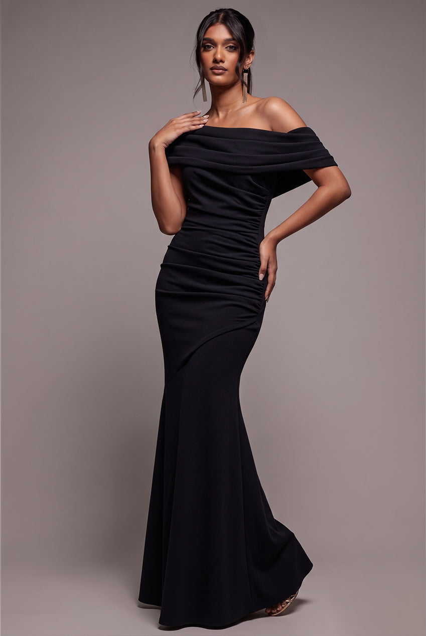 Goddiva Pleated One Shoulder Bardot Fit And Flare Maxi Dress - Black
