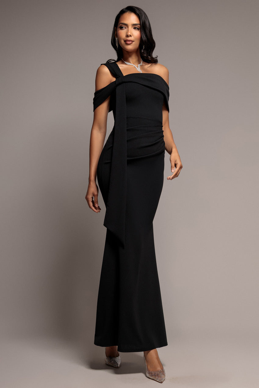 Goddiva One Shoulder Twisted Bardot Asymmetric Mermaid Maxi Dress - Black