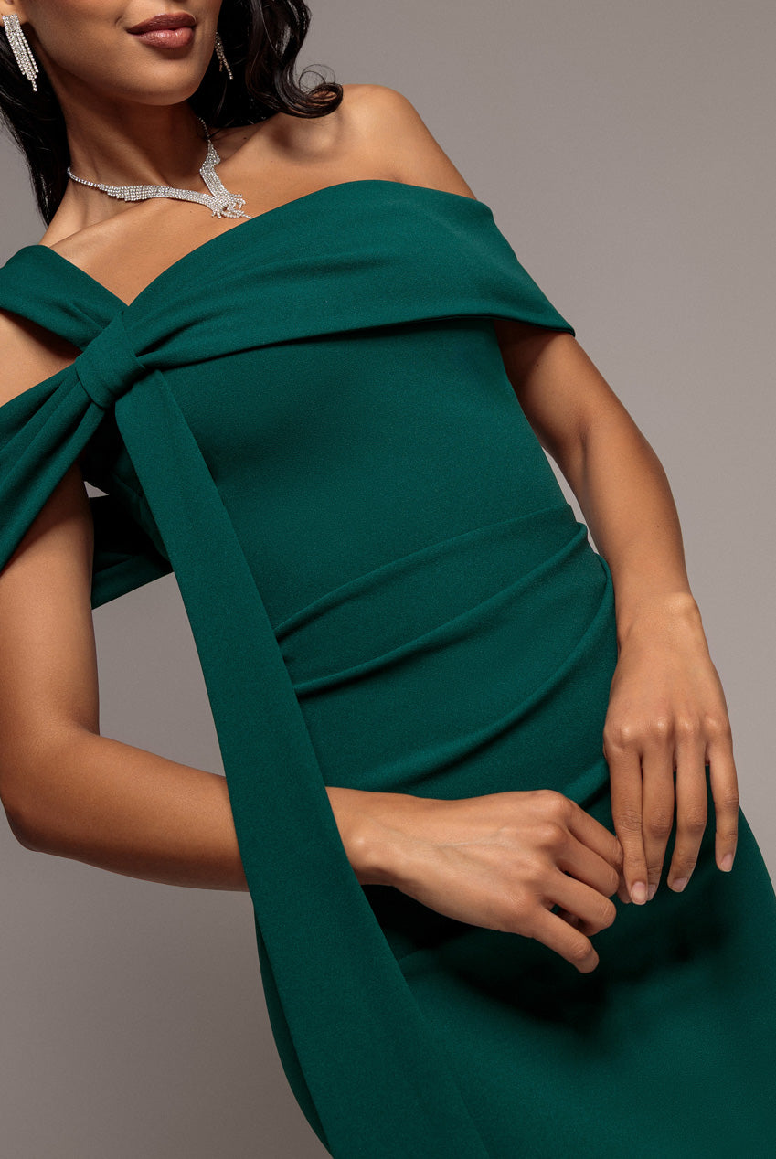 Goddiva One Shoulder Twisted Bardot Asymmetric Mermaid Maxi Dress - Emerald Green