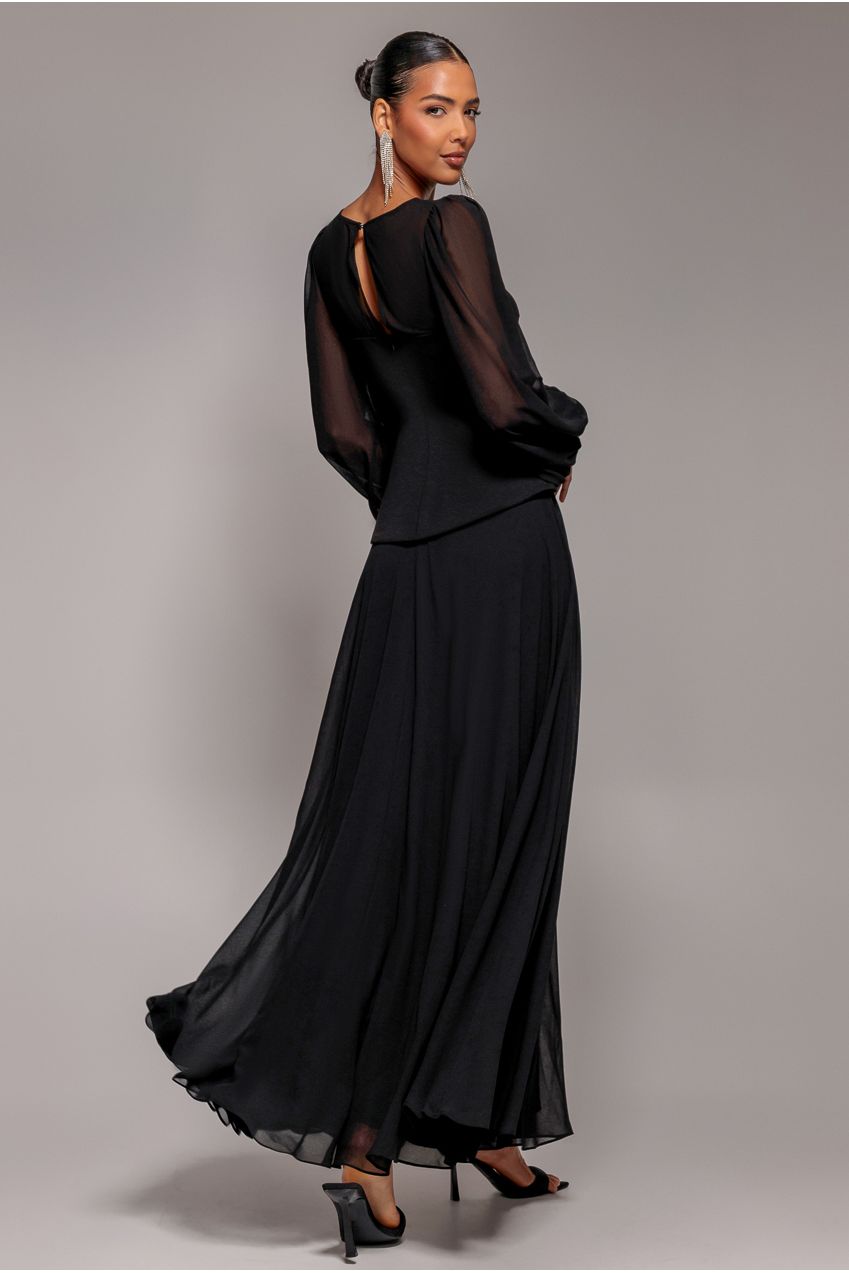 Goddiva Bishop Sleeve Peplum Top Scuba Crepe And Chiffon Maxi Dress - Black