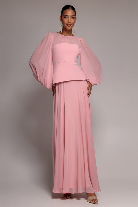 Goddiva Bishop Sleeve Peplum Top Scuba Crepe And Chiffon Maxi Dress - Blush Pink