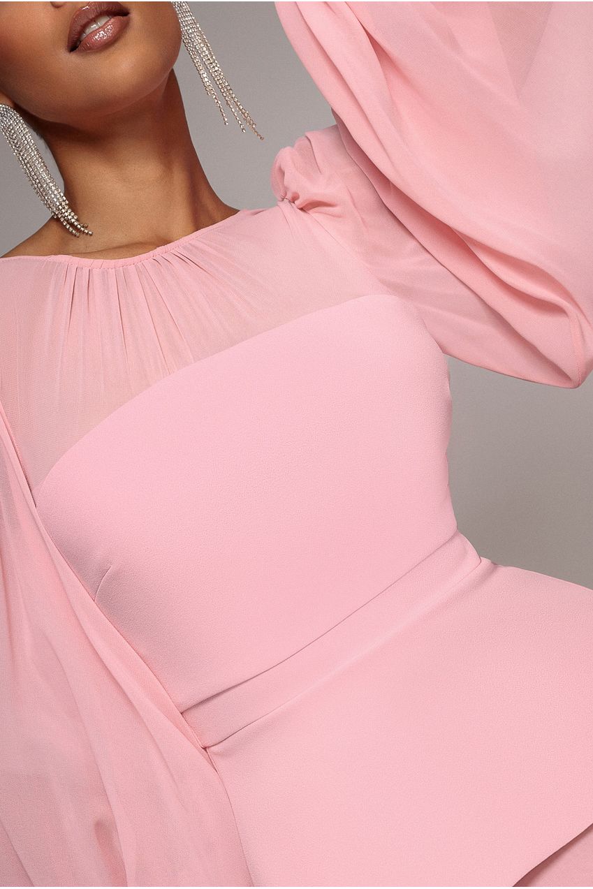 Goddiva Bishop Sleeve Peplum Top Scuba Crepe And Chiffon Maxi Dress - Blush Pink