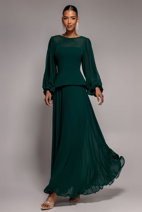 Goddiva Bishop Sleeve Peplum Top Scuba Crepe And Chiffon Maxi Dress - Emerald Green
