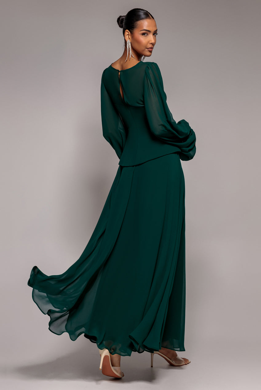 Goddiva Bishop Sleeve Peplum Top Scuba Crepe And Chiffon Maxi Dress - Emerald Green