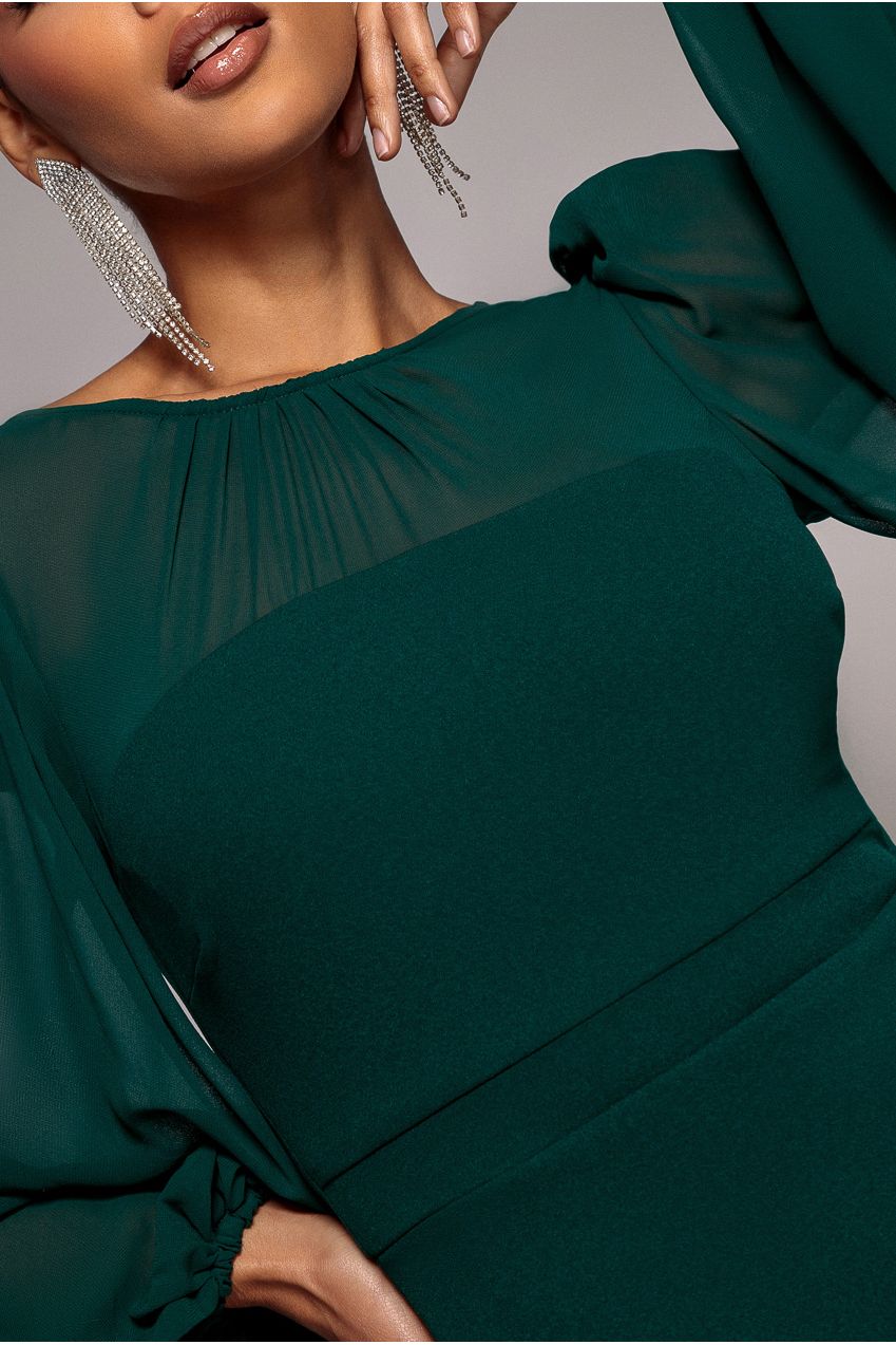 Goddiva Bishop Sleeve Peplum Top Scuba Crepe And Chiffon Maxi Dress - Emerald Green