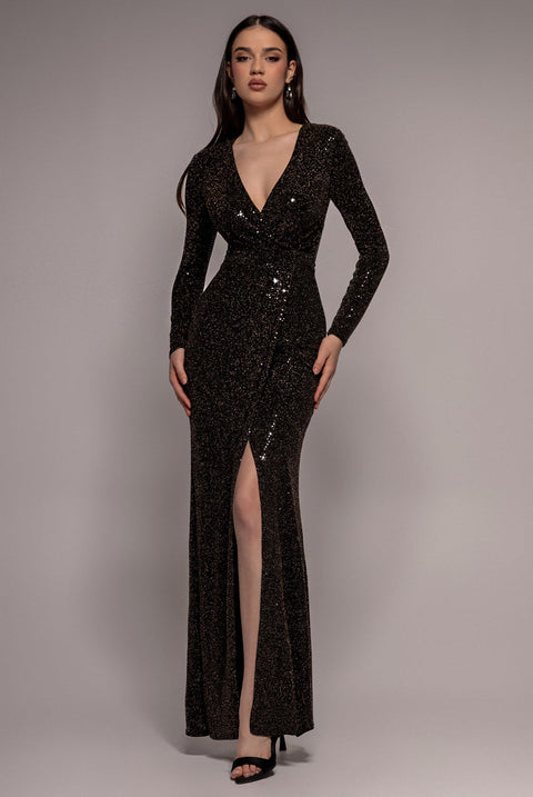 Goddiva Glitter Lurex Long Sleeve Wrap Maxi Dress - Black