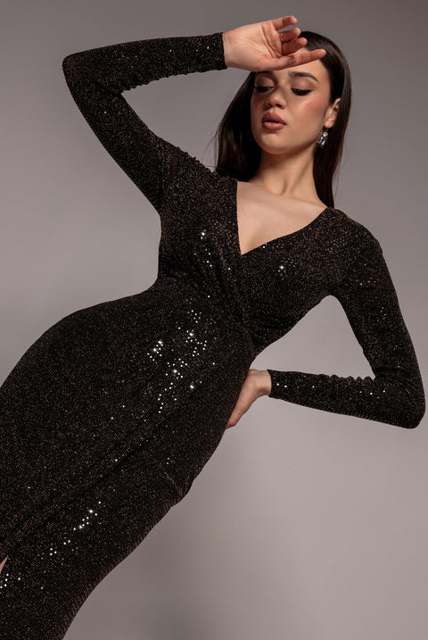 Goddiva Glitter Lurex Long Sleeve Wrap Maxi Dress - Black