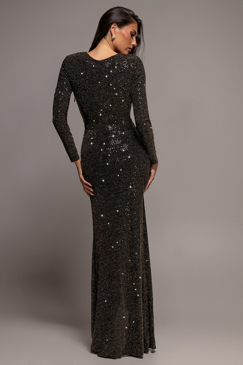 Goddiva Sequin Glitter Lurex Long Sleeve Wrap Maxi Dress - Black