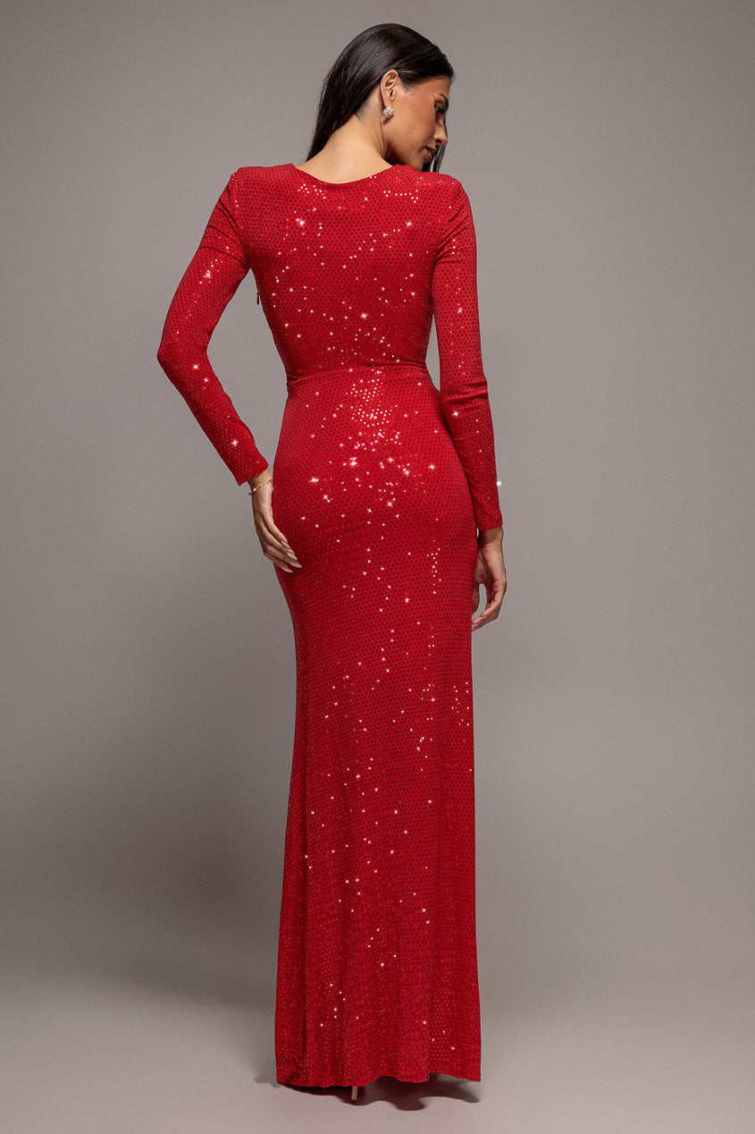 Goddiva Sequin Glitter Lurex Long Sleeve Wrap Maxi Dress - Red