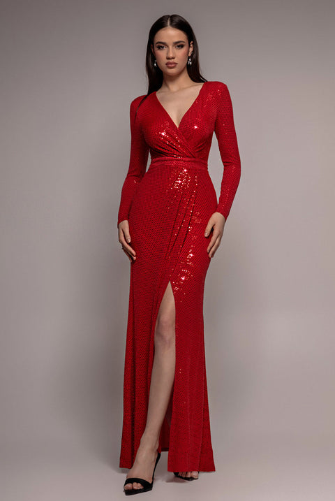 Goddiva Glitter Lurex Long Sleeve Wrap Maxi Dress - Red