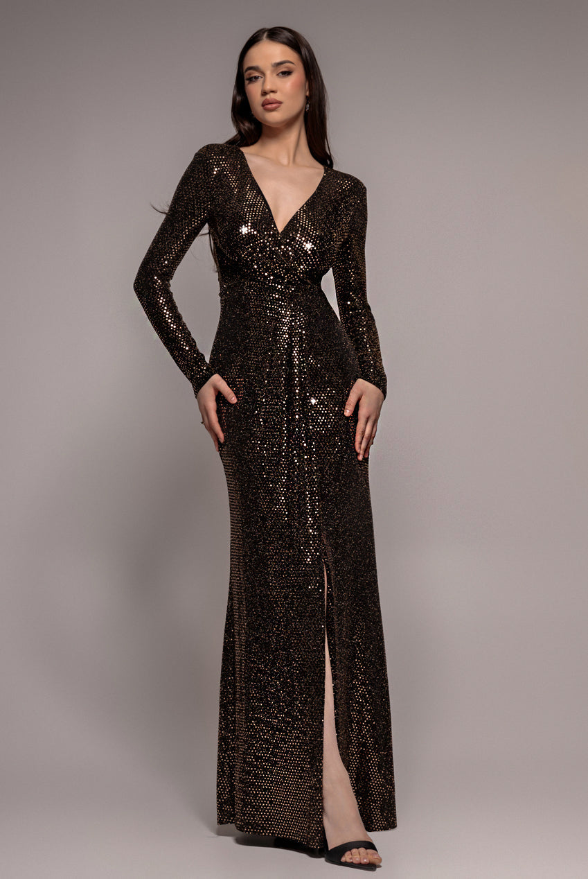 Goddiva Sequin Glitter Lurex Long Sleeve Wrap Maxi Dress - Rose Gold