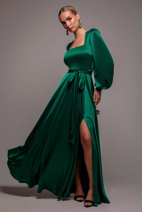 Goddiva Satin Square Neck Bishop Sleeve A Line Maxi Dress - Emerald Green