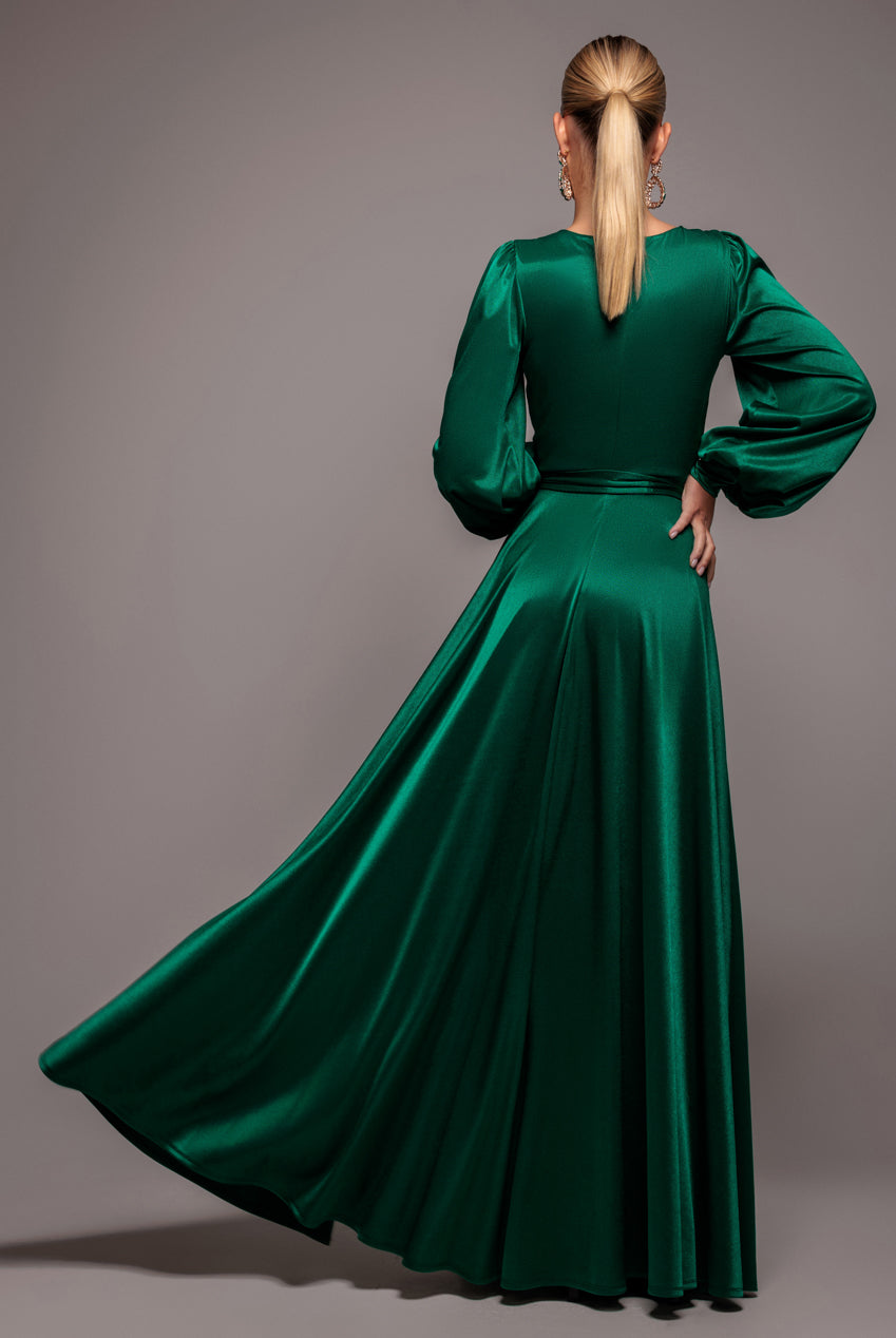 Goddiva Satin Square Neck Bishop Sleeve A Line Maxi Dress - Emerald Green