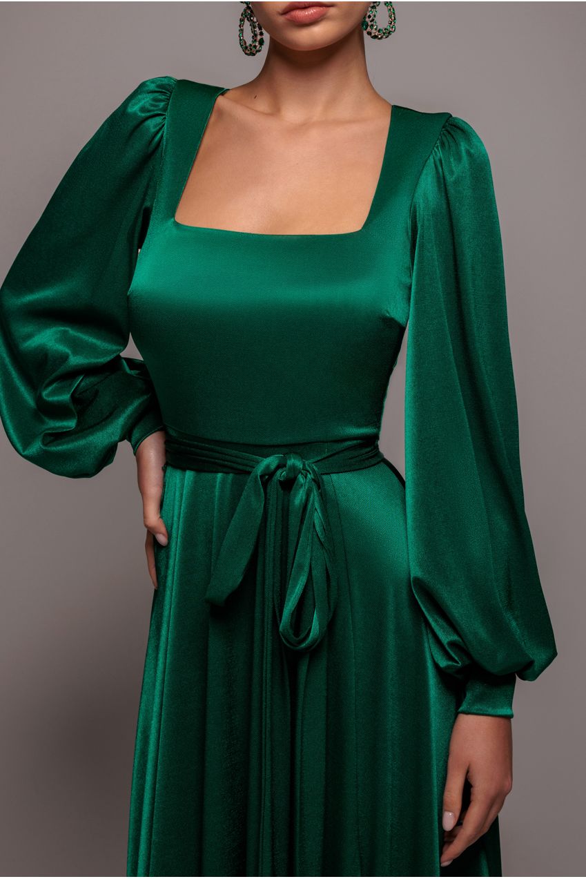 Goddiva Satin Square Neck Bishop Sleeve A Line Maxi Dress - Emerald Green